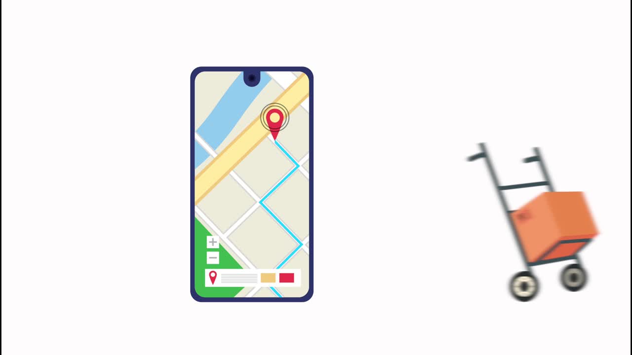 servicio logístico de entrega con mapa en teléfono inteligente y carrito