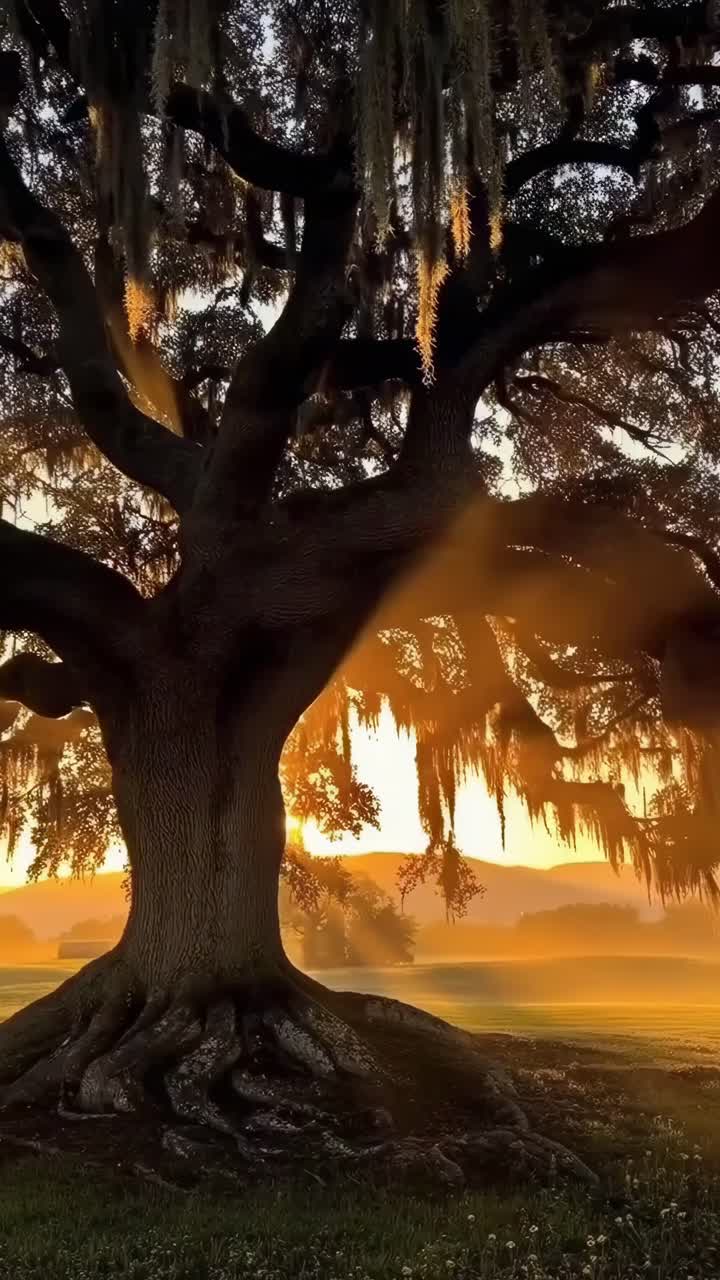 Árvore majestosa ao nascer do sol dourado, filmada em ângulo baixo, evoca uma atmosfera de vídeo de natureza serena.