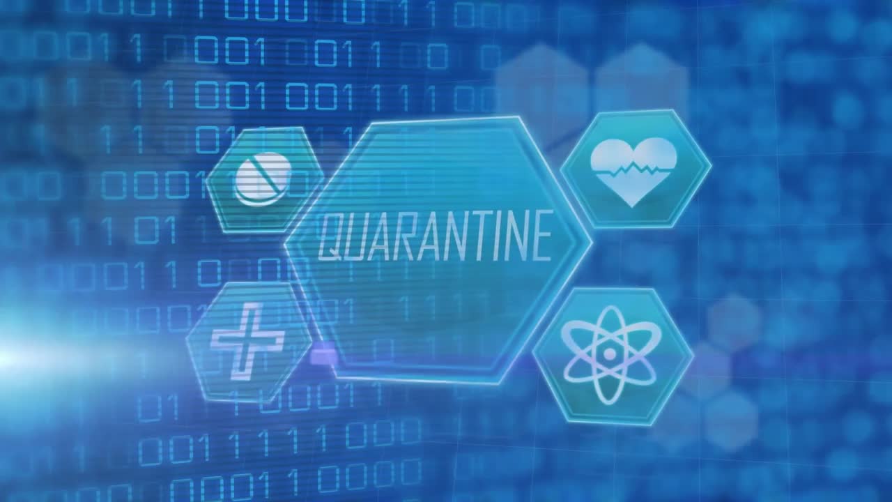 이진 코딩에 대한 의료 아이콘과 격리 텍스트 위의 빨간 빛 점의 애니메이션