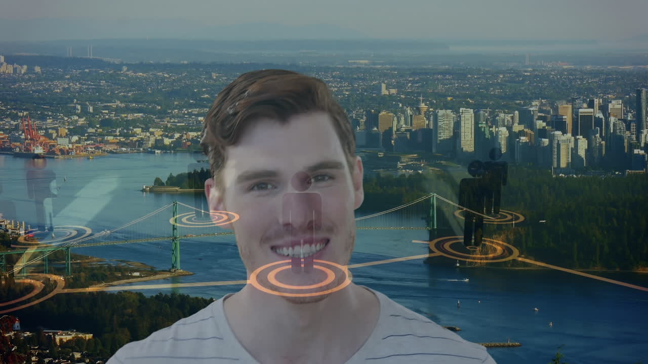 animación de empresario caucásico y red de conexiones sobre el paisaje urbano