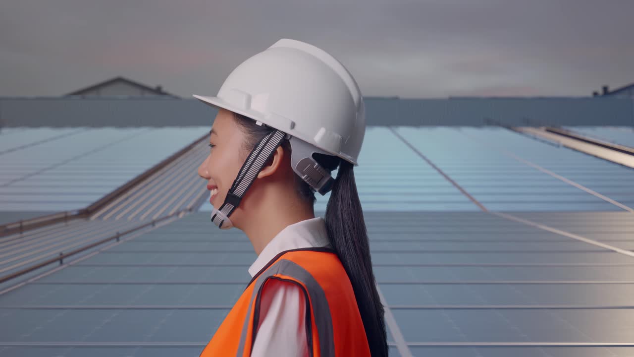 Vista laterale di ingegnere donna asiatica che cammina su un tetto industriale con pannelli solari.