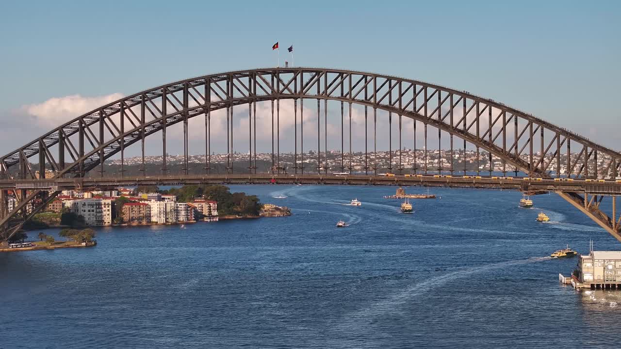 Aerial of Sydney Harbour Bridge, Iconic landmark with light traffic during sunset in Australia.