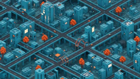 aerial view of a stylized urban cityscape featuring intersecting streets, modern buildings, and vibrant orange trees in a digital art style