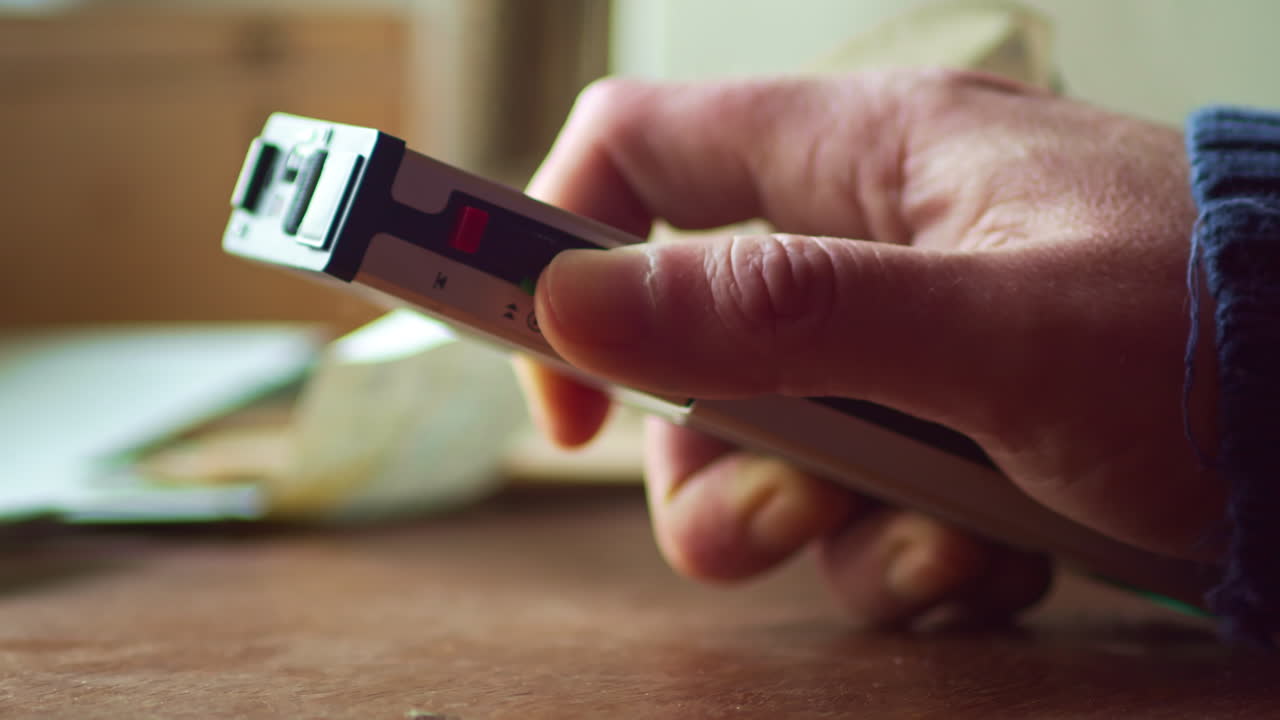 Side profile of thumb activating switch on analogue dictaphone in softly lit office. Useful for retro technology visuals, journalism themes and audio recording concepts