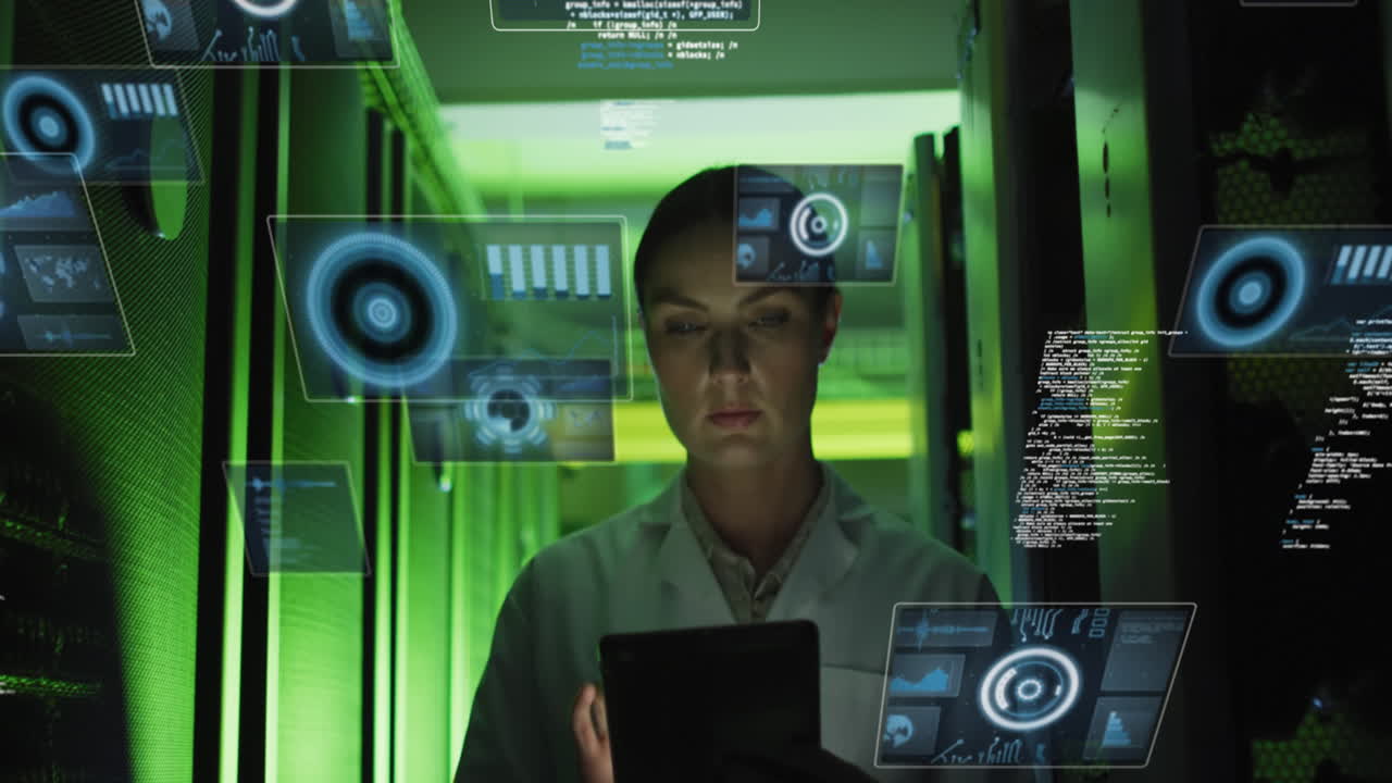 animación de procesamiento de datos sobre mujer de negocios caucásica por servidores informáticos