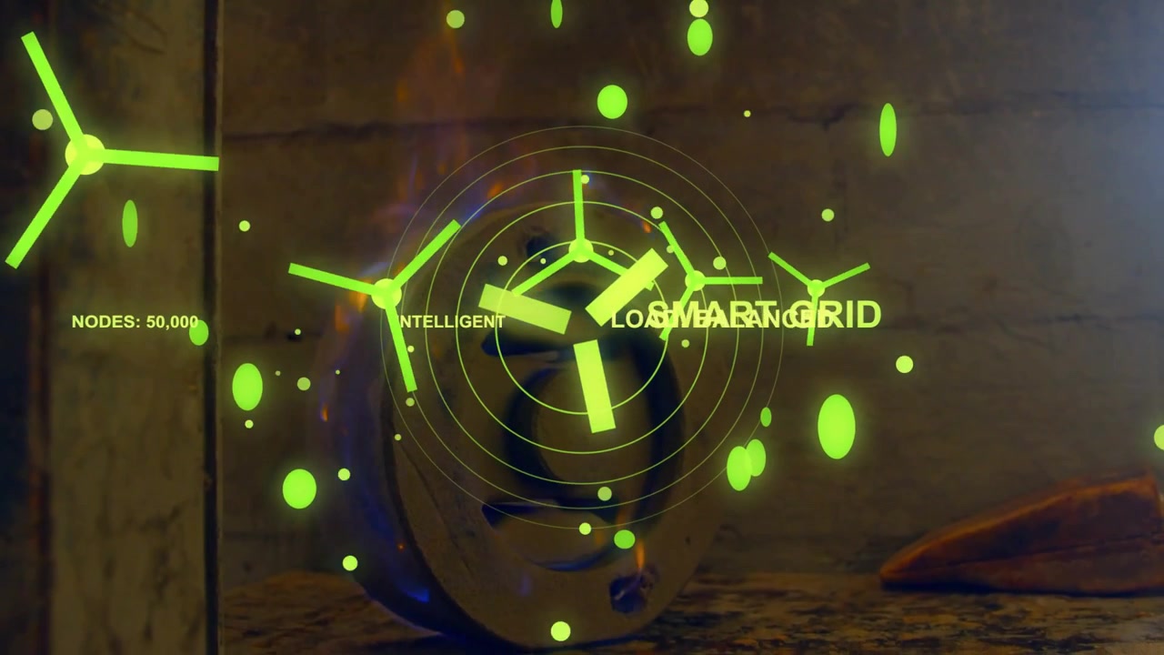On startup green hologram smart grid growing, aligning, rotating, labeling to show load balance