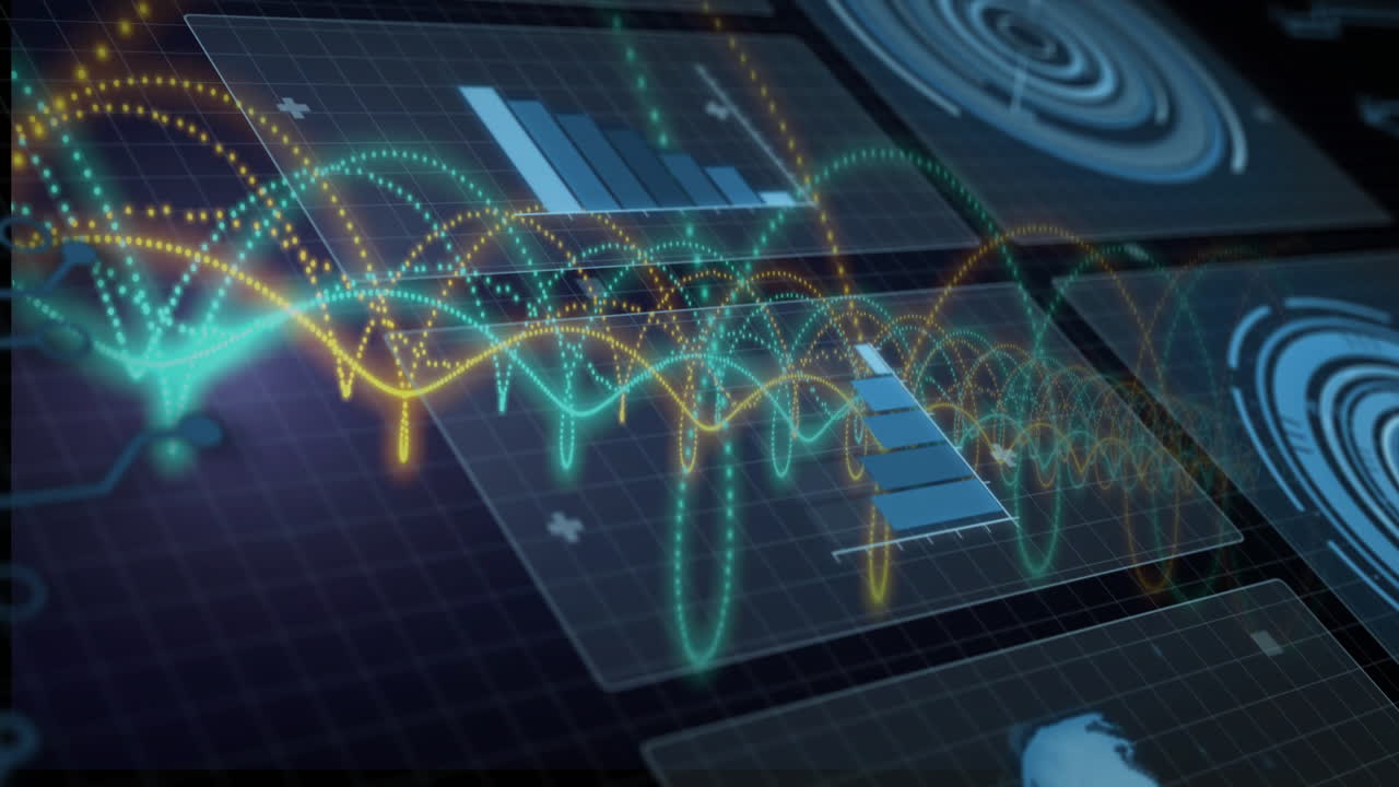 animación de formas de onda coloridas y gráficos de barras a través de la pantalla de interfaz digital