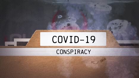 Animation-Von-Covid-19-Verschwörungstext-über-Weltkarte-Und-Frau-Mit-Gesichtsmaske