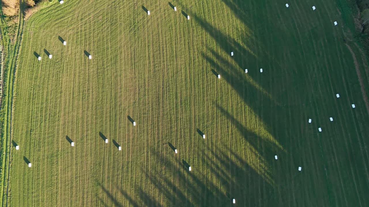 A straight-down drone shot of a Norwegian field dotted with hay bales