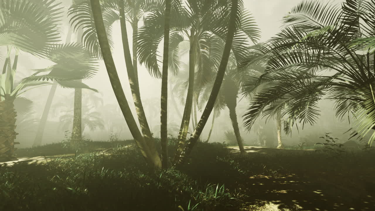 Lush tropical forest with mist and palm trees in early morning light