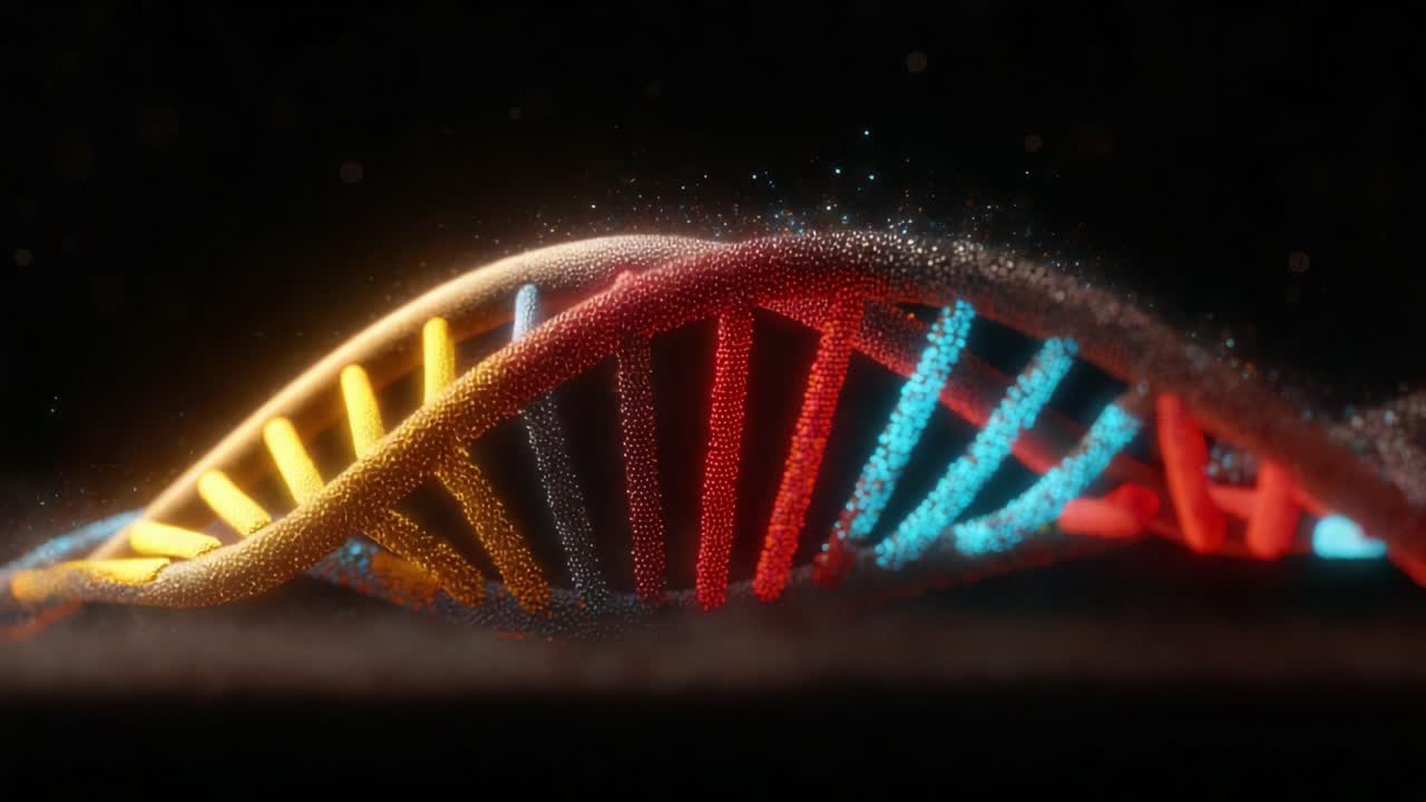 Molecular animation of a colorful DNA double helix structure deteriorating and breaking apart into glowing particles, representing genetic damage, mutation, disease, or scientific research