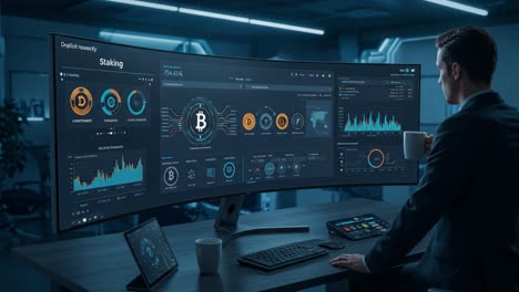 a focused cryptocurrency analyst reviewing detailed bitcoin data and performance metrics on multiple displays in a modern, technologically advanced trading environment