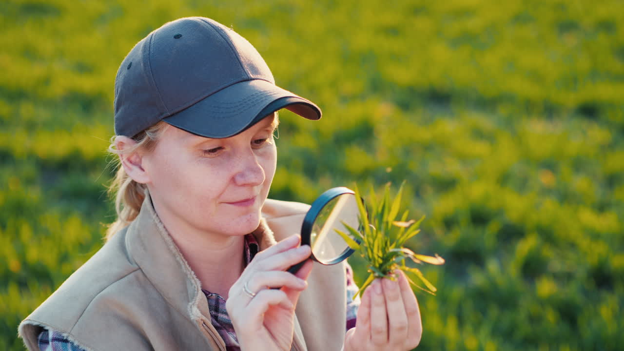 joven agrónoma estudiando brotes en el campo