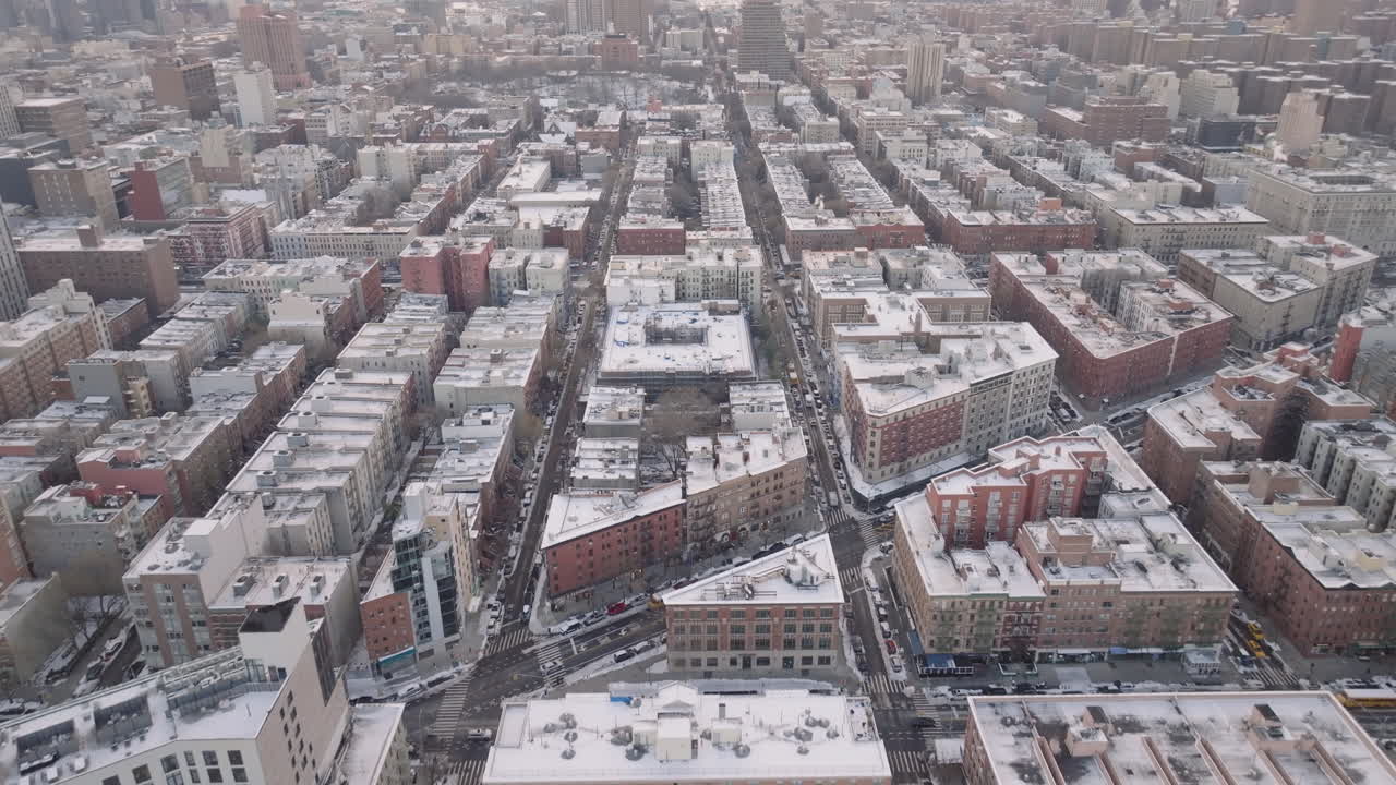 Aerial view of Harlem on a winter morning. Shot in New York City.