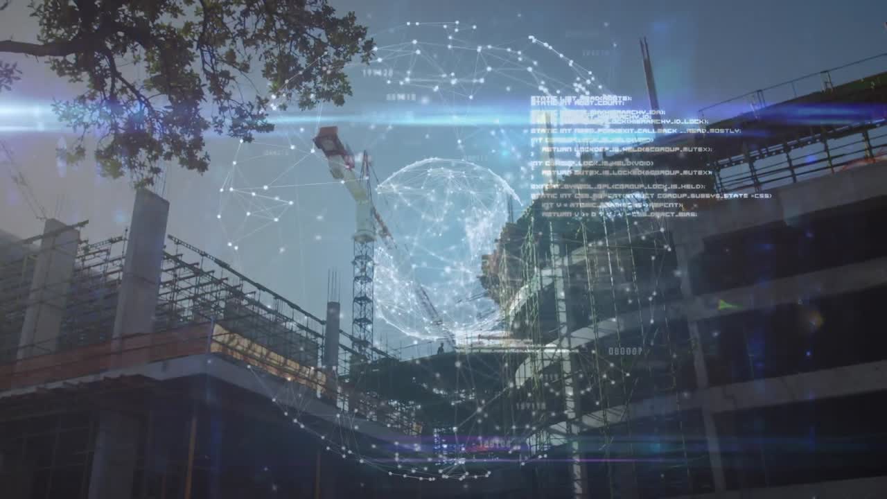 animación del globo con conexiones sobre el sitio de construcción