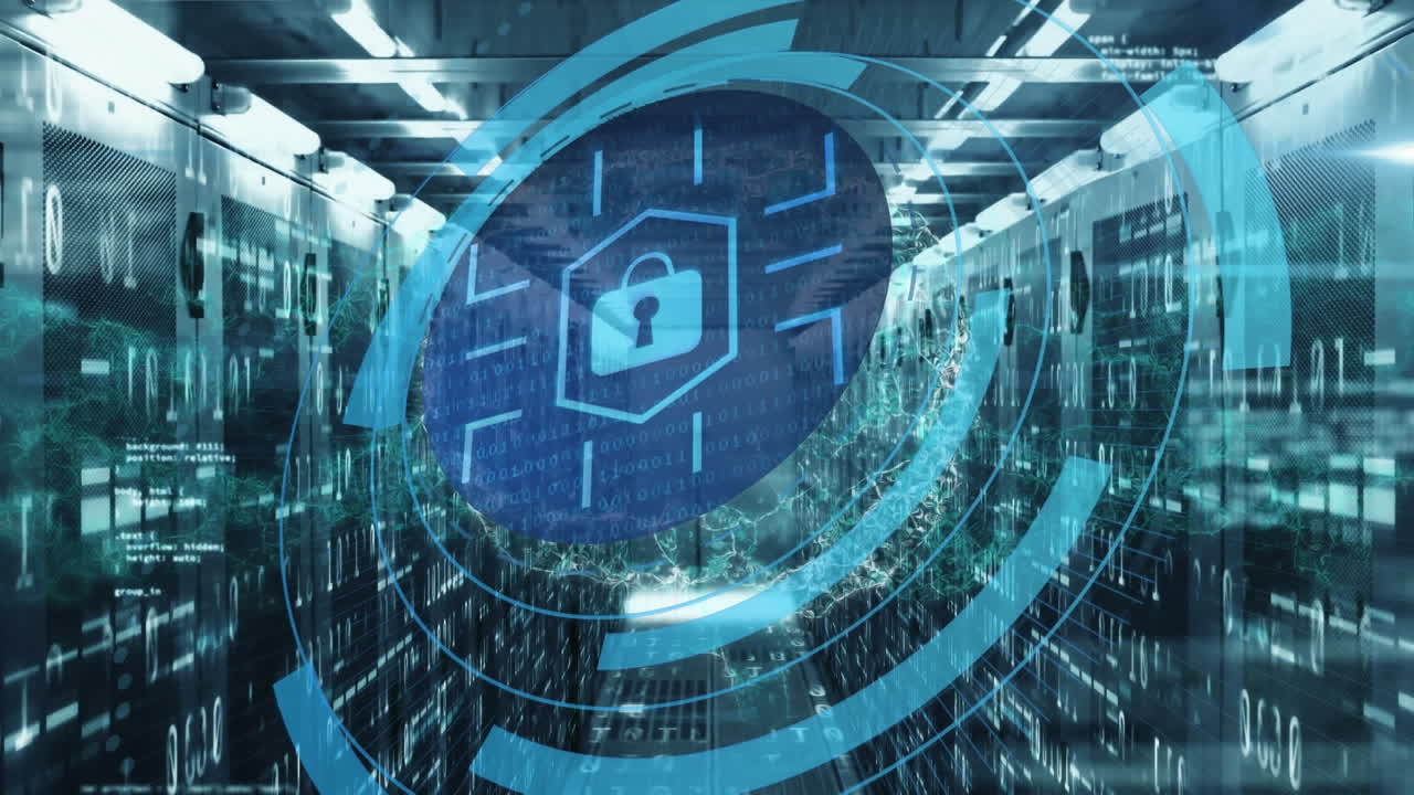 Animation of digital padlock in circle over servers and data processing