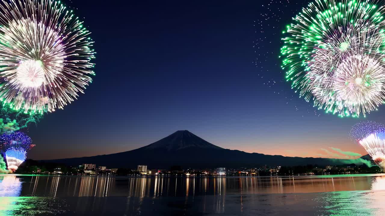 A wide-angle video captures vibrant fireworks over a serene lake with a mountain silhouette