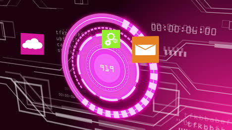 interfaz digital con íconos de correo electrónico y nube, animación de procesamiento de datos futurista