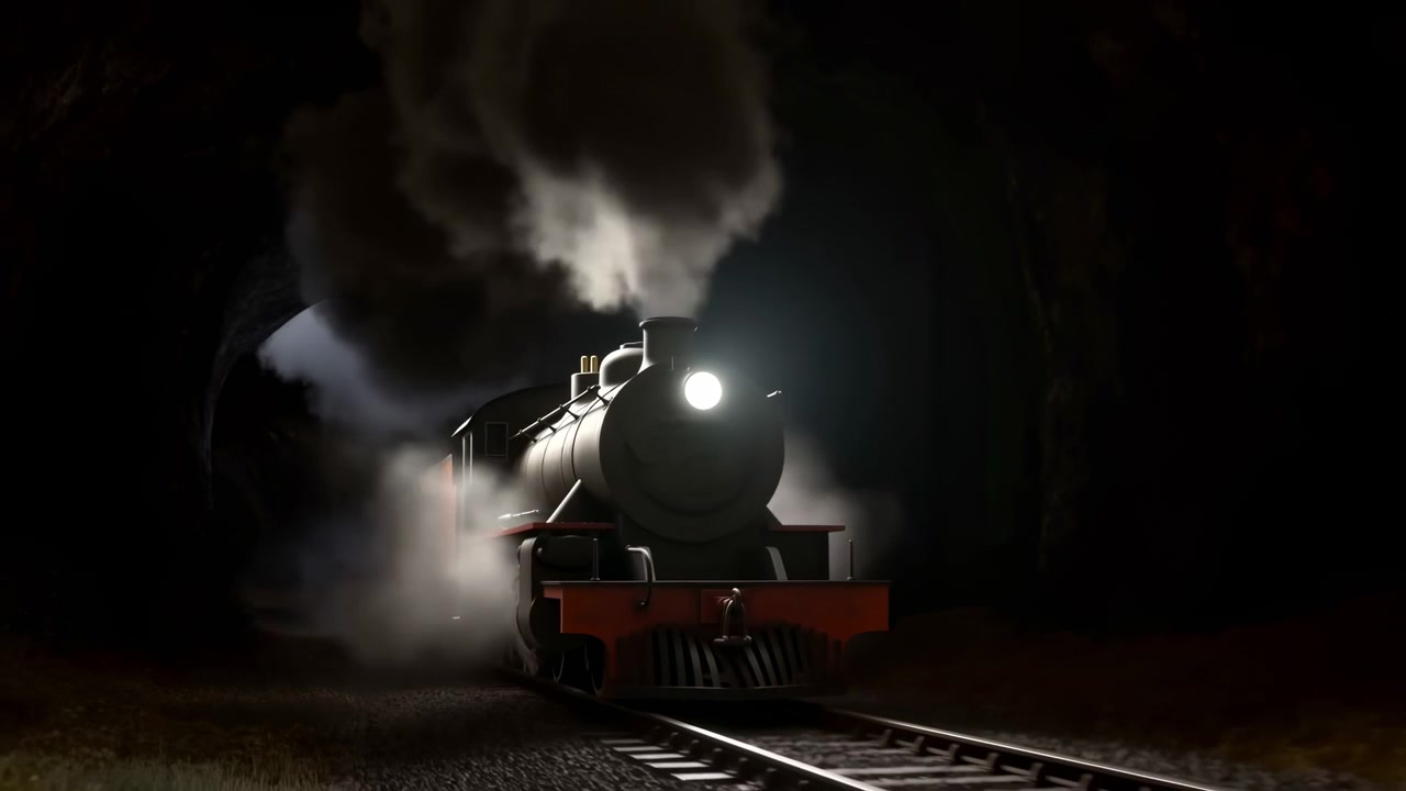 Locomotora de vapor frontal se mueve a través de un túnel oscuro con un faro brillante, humo denso elevándose por encima, rieles en ángulo bajo que avanzan, paredes de roca rugosas, superficies metálicas y una atmósfera cinematográfica profunda.