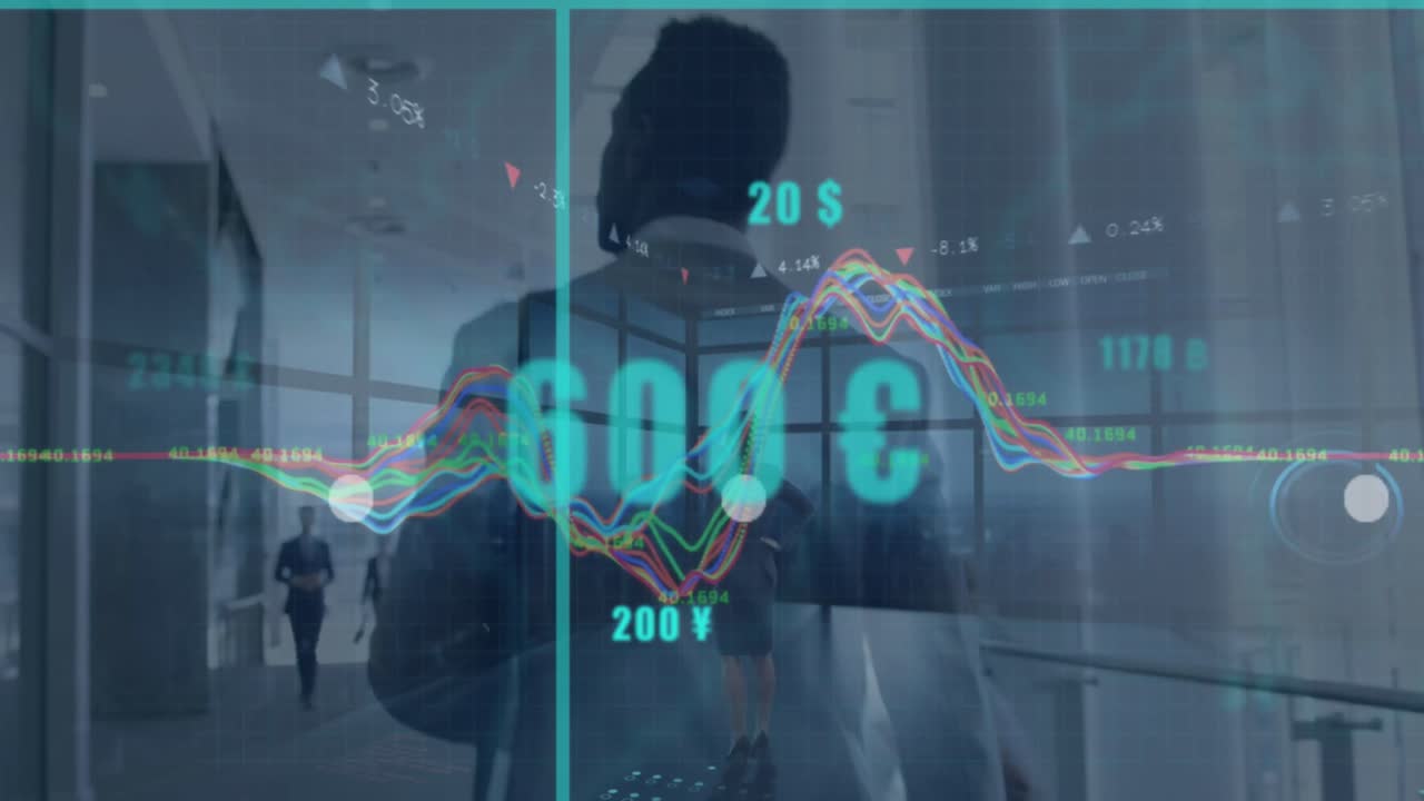 Animation of data processing over rear view of african american businessman walking at office