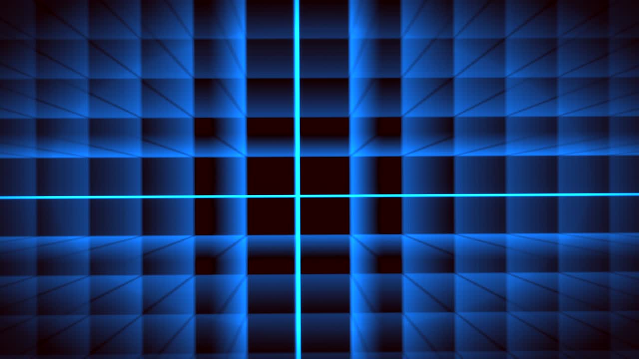 미래의 수평 파란색 그리드 애니메이션과 빛의 광선 효과.