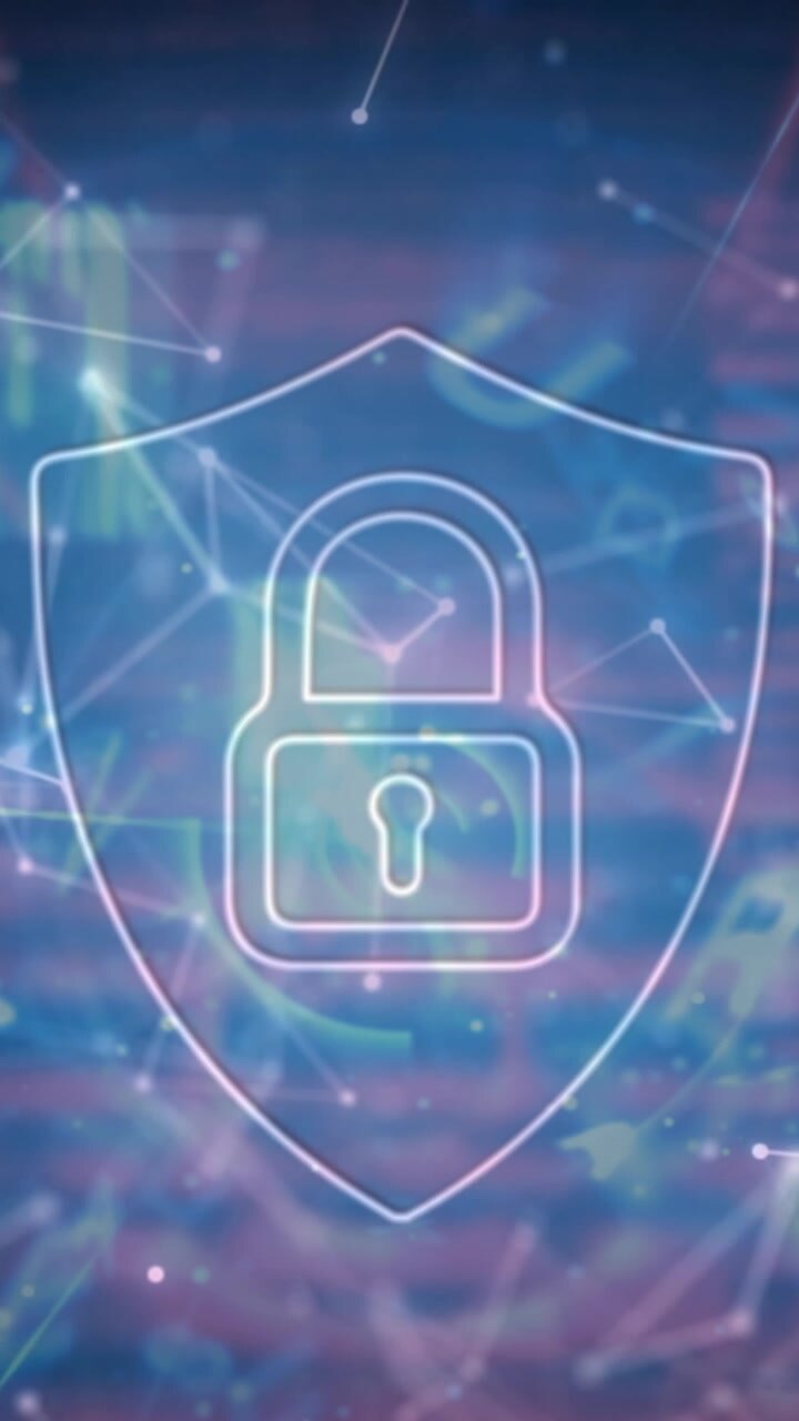 Animation of digital shield with padlock over connections and data