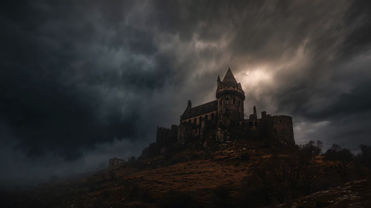 Drifting storm clouds casting shadows over medieval stone castle on barren hillside, swirling mist