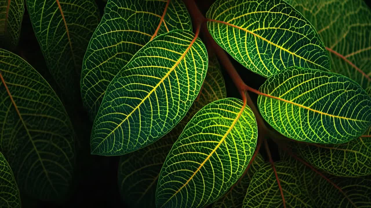 Exploring the Intricate Beauty of Green Leaves with Detailed Veins and Natural Light Reflection in a Vibrant Plant Composition