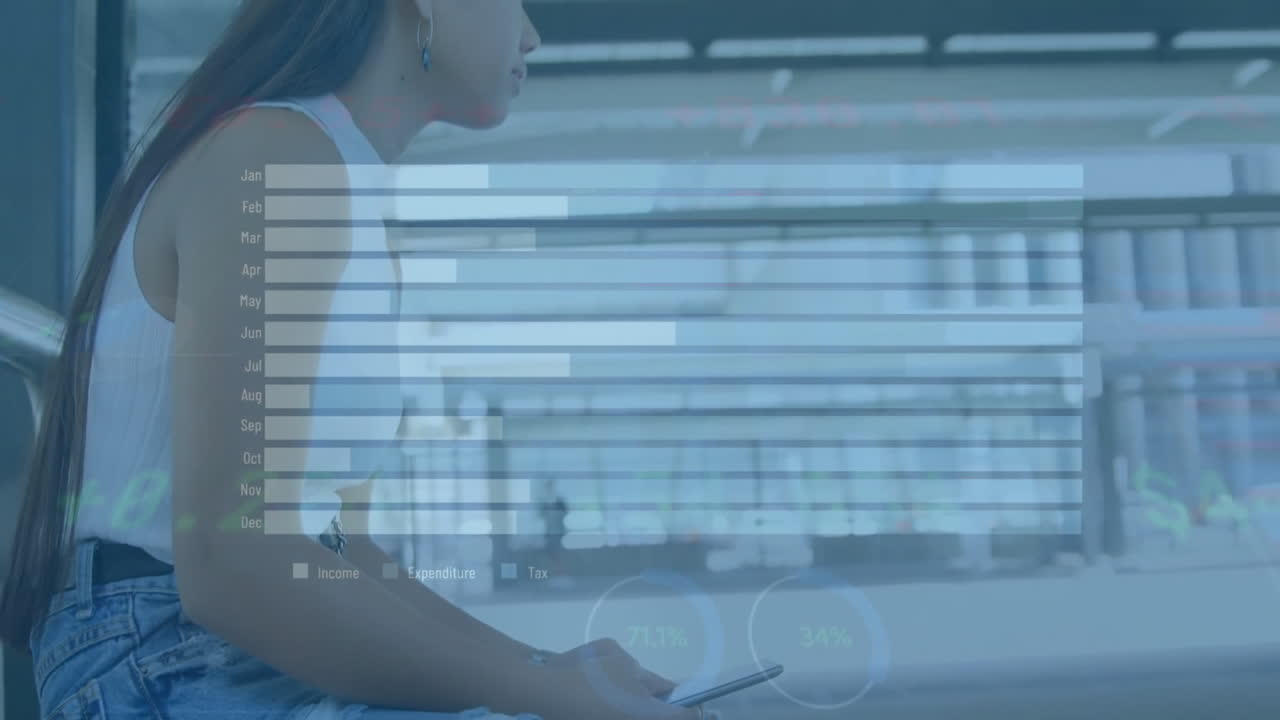 도시 거리에서 스마트폰을 사용하는 아시아 여성의 그래프에 대한 데이터 처리 애니메이션