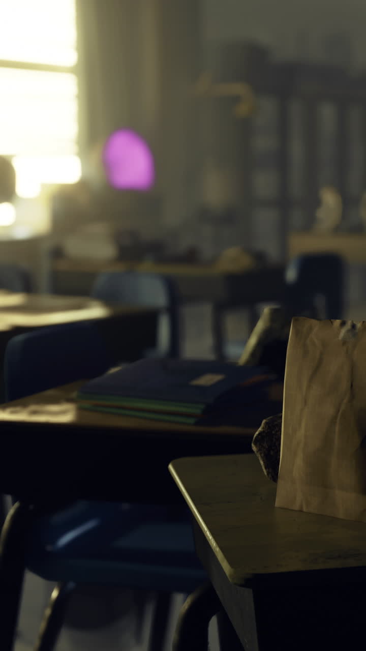 Classroom setting with desks books and a bag in soft light