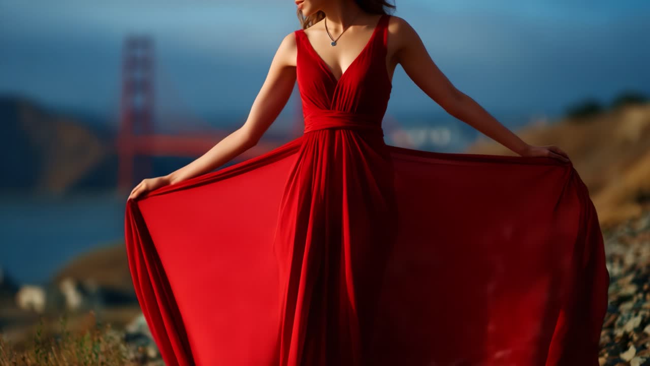Uma mulher graciosa em um vestido vermelho esvoaçante posa elegantemente em uma paisagem deslumbrante, capturando a essência da beleza e da confiança em seu entorno.