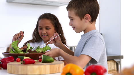 hermanos haciendo ensalada juntos