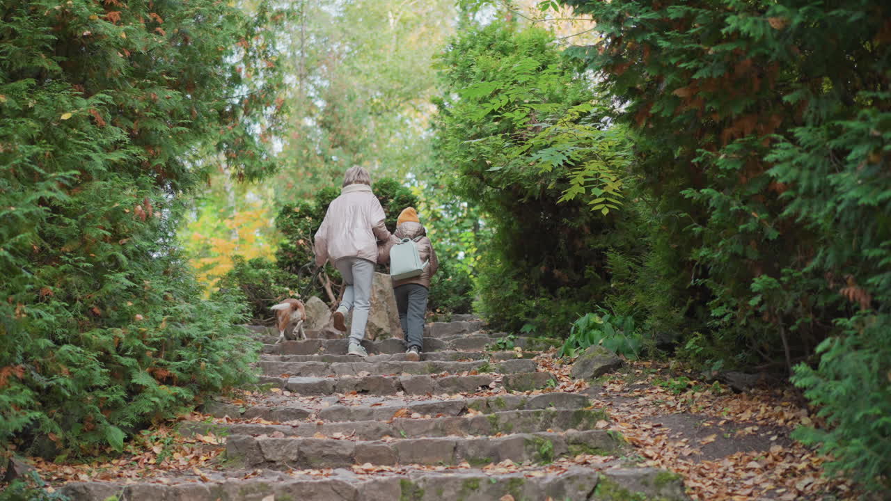mother holds daughter hand and dog leash while climbing stone staircase through lush green garden filled with autumn leaves peaceful outdoor bonding moment surrounded by trees and natural serenity