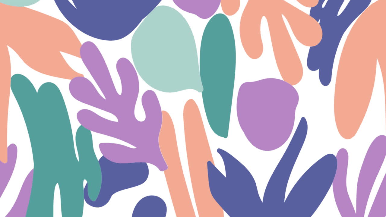 animación de hojas dibujadas multicolores que se mueven sobre un fondo blanco