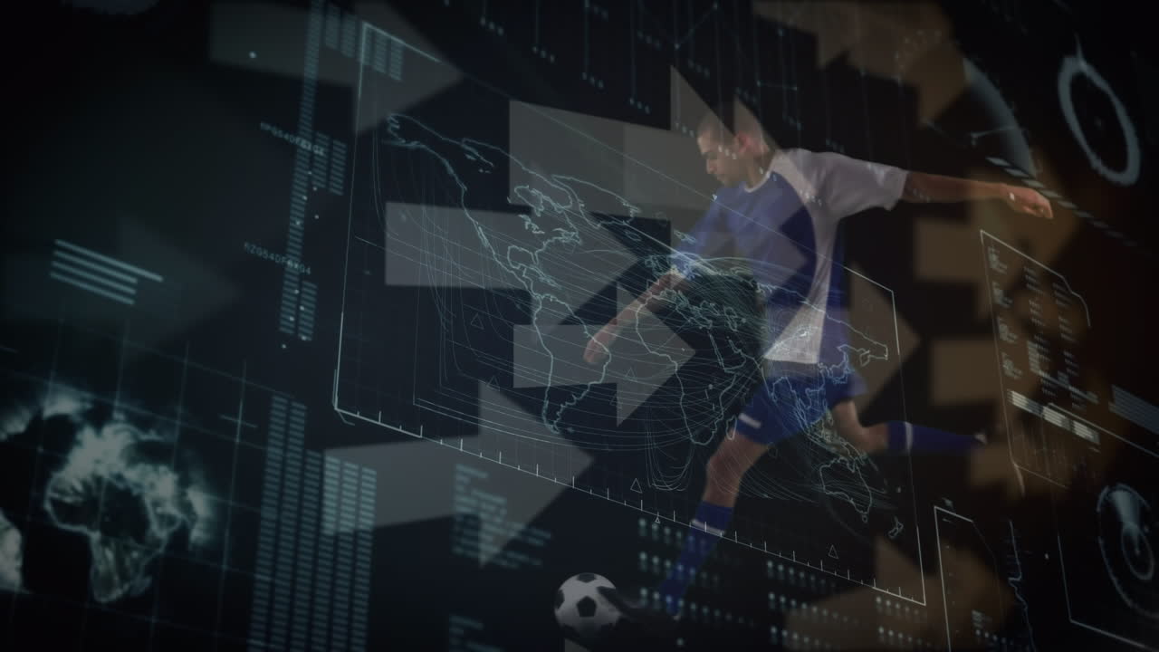 iconos de flecha y interfaz con procesamiento de datos sobre jugador de fútbol masculino caucásico pateando la pelota