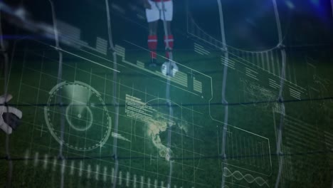 Animation-Der-Datenverarbeitung-über-Einem-Afroamerikanischen-Männlichen-Fußballspieler,-Der-Den-Ball-Kickt