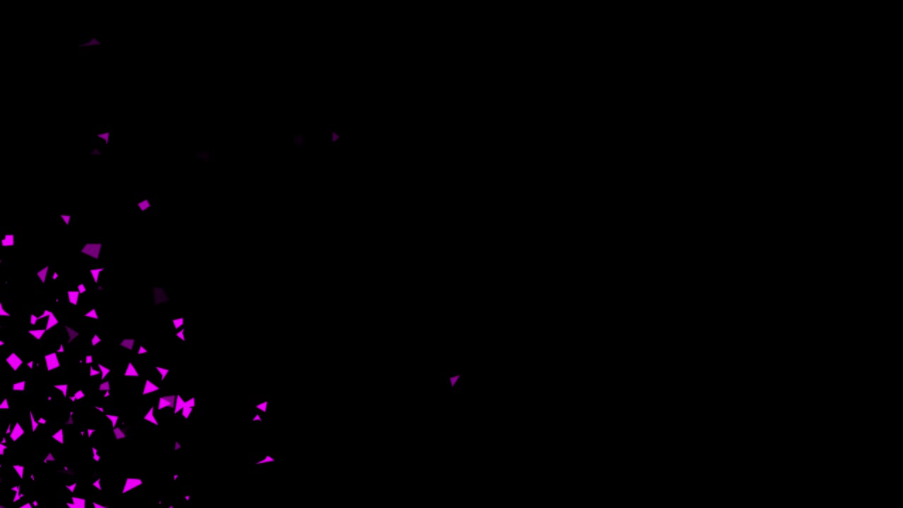 Abstract animation of purple and pink geometric shards or confetti exploding from left side on black background. For parties, events, or intros