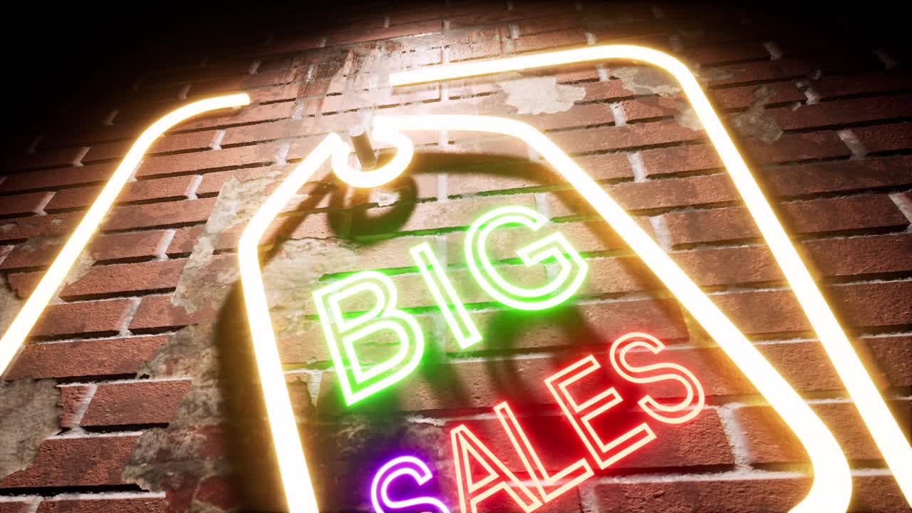 Big Sales Neon Sign, Swinging In Front Of A Brick Wall, With Cracks And  Dirt All Over, And Color-changing Neon Letters, 3D Animation Camera Zooms  Out Sidewards Free Stock Video Footage Download