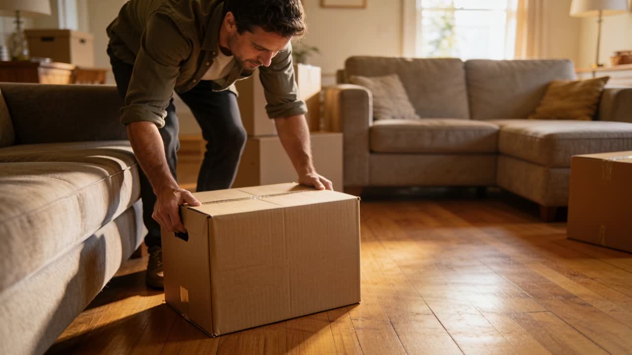 Entering man in olive shirt grasping cardboard box in living room, unpacking near boxes, copy space