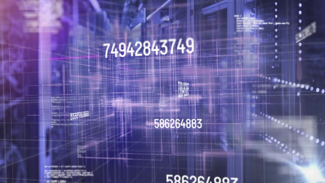 Animation starting with 3D wireframe grid floating past server racks, updating numbers driving flow