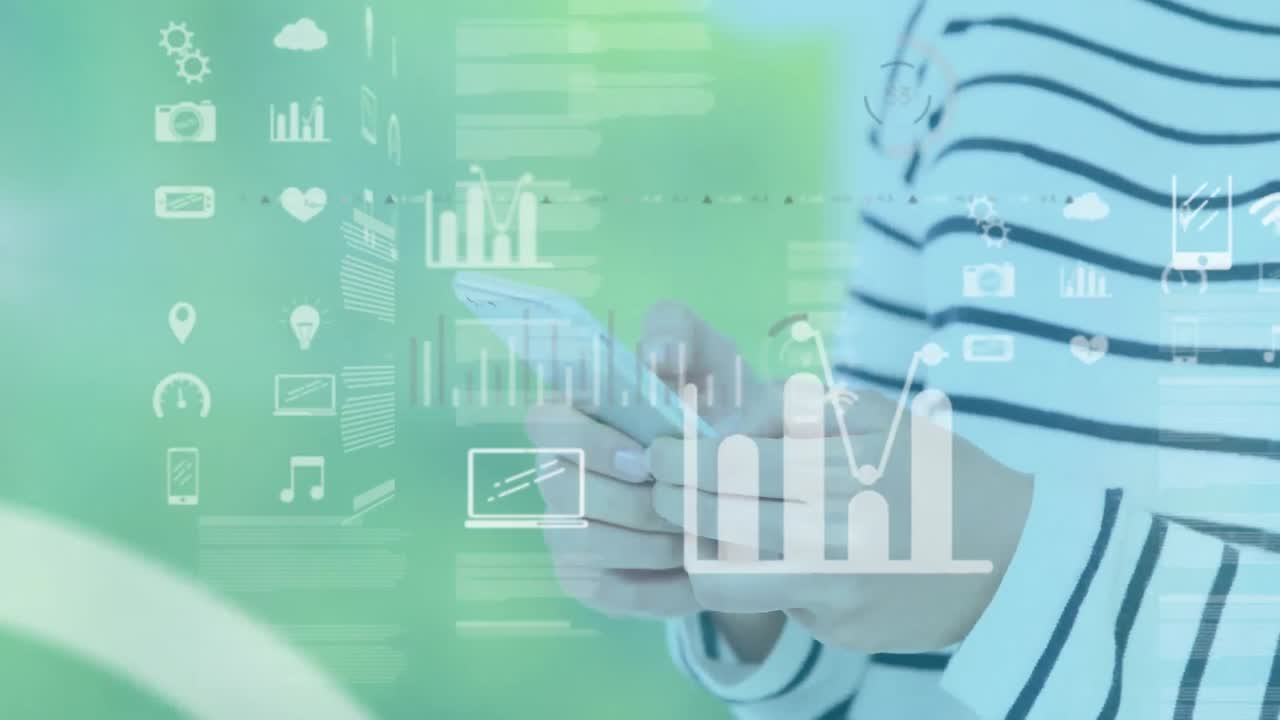 녹색 배경에 스마트폰을 사용하는 백인 여성 위에 아이콘으로 데이터 처리의 애니메이션