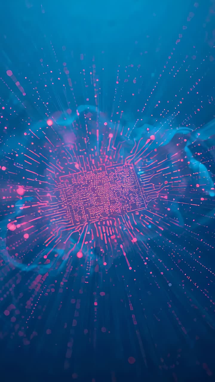 Vertical video: Pulsing magenta chip sending nodes out along traces, linking to teal wave in blue