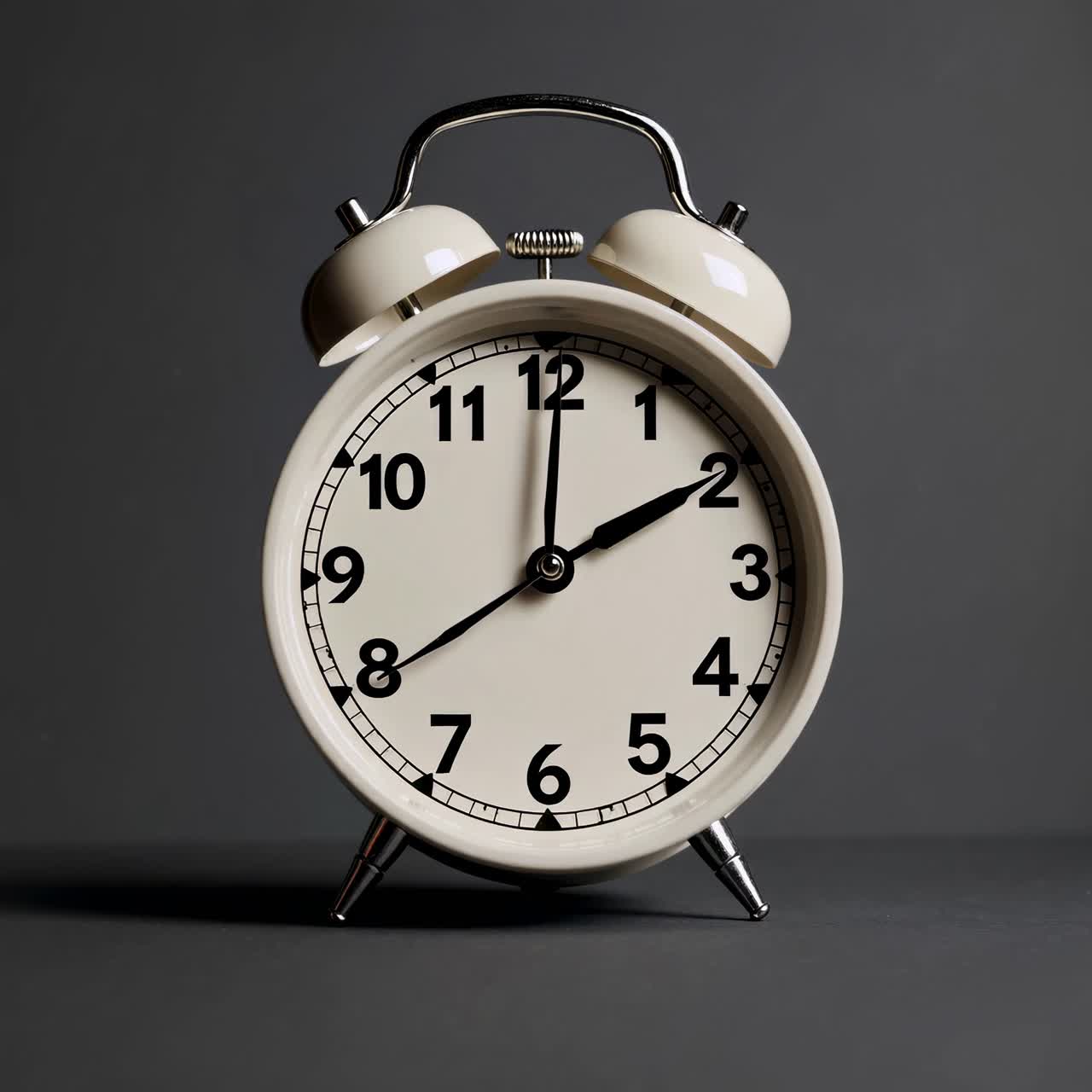 Classic alarm clock on a dark surface, shot from a low angle