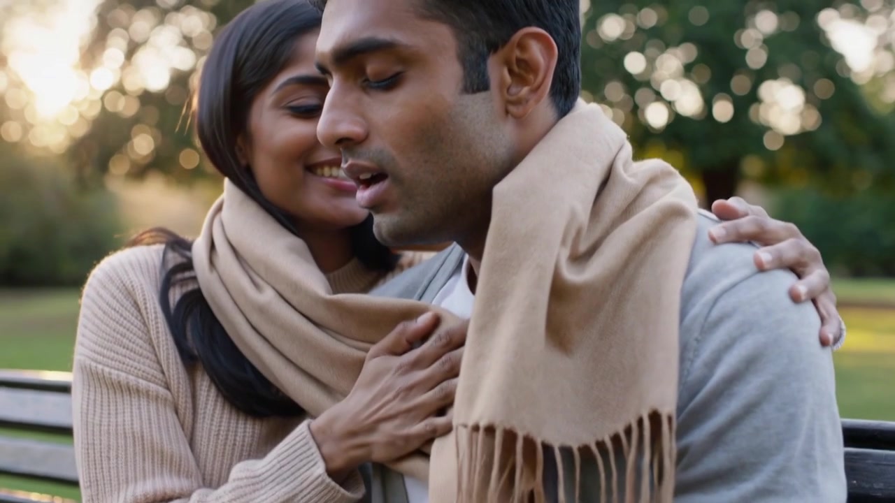 Reaching woman in tan sweater wrapping scarf around partner in cardigan at park bench, sharing heat