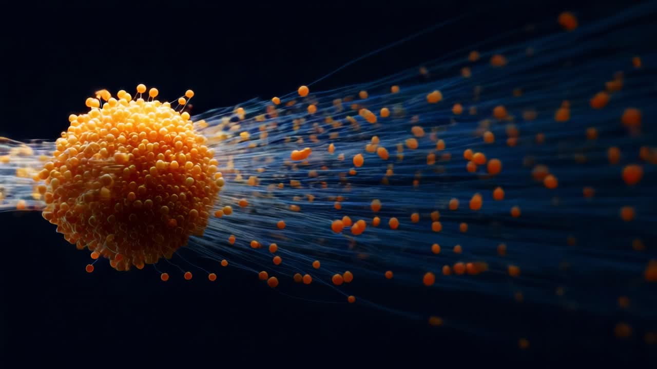 Captivating Frame Sequence Depicting a Vibrant Orange Sphere Surrounded by Radiating Particles, Illustrating Dynamic Movement and Intricate Details of Microscopic Phenomena