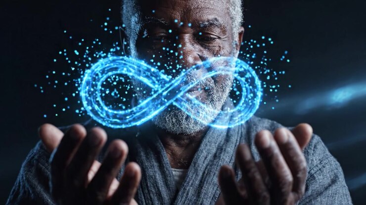 Uma Figura Sábia Canaliza Energia Cósmica, Simbolizando Infinito e Espiritualidade Através de Mãos Iluminadas, Fundindo Realidade e Elementos Místicos em um Momento Profundo