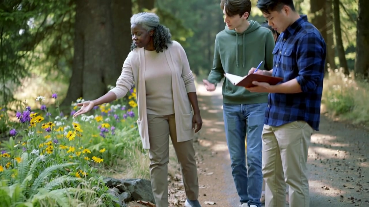 Spotting bright flowers, guide leading group on forest trail, noting plants in notebook for study