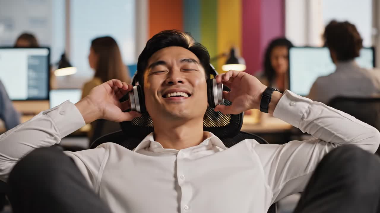Man relaxing with headphones in the office