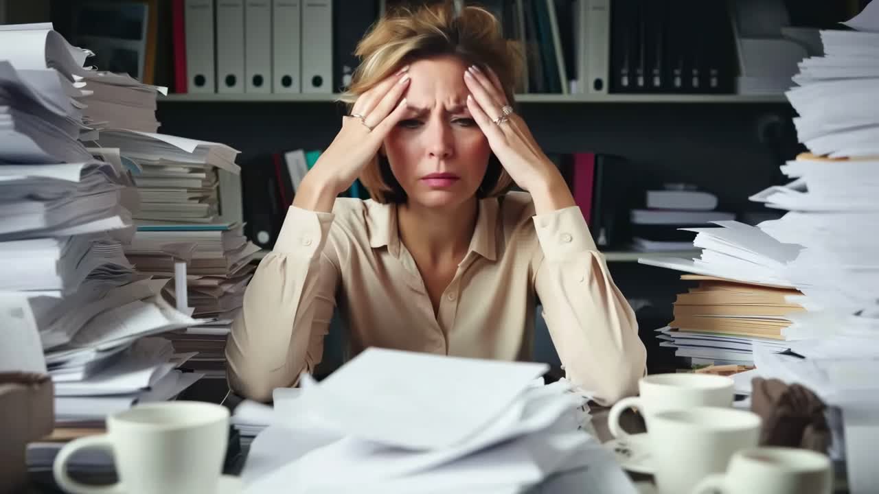 A stressed woman surrounded by piles of paperwork, captured in a medium-angle shot