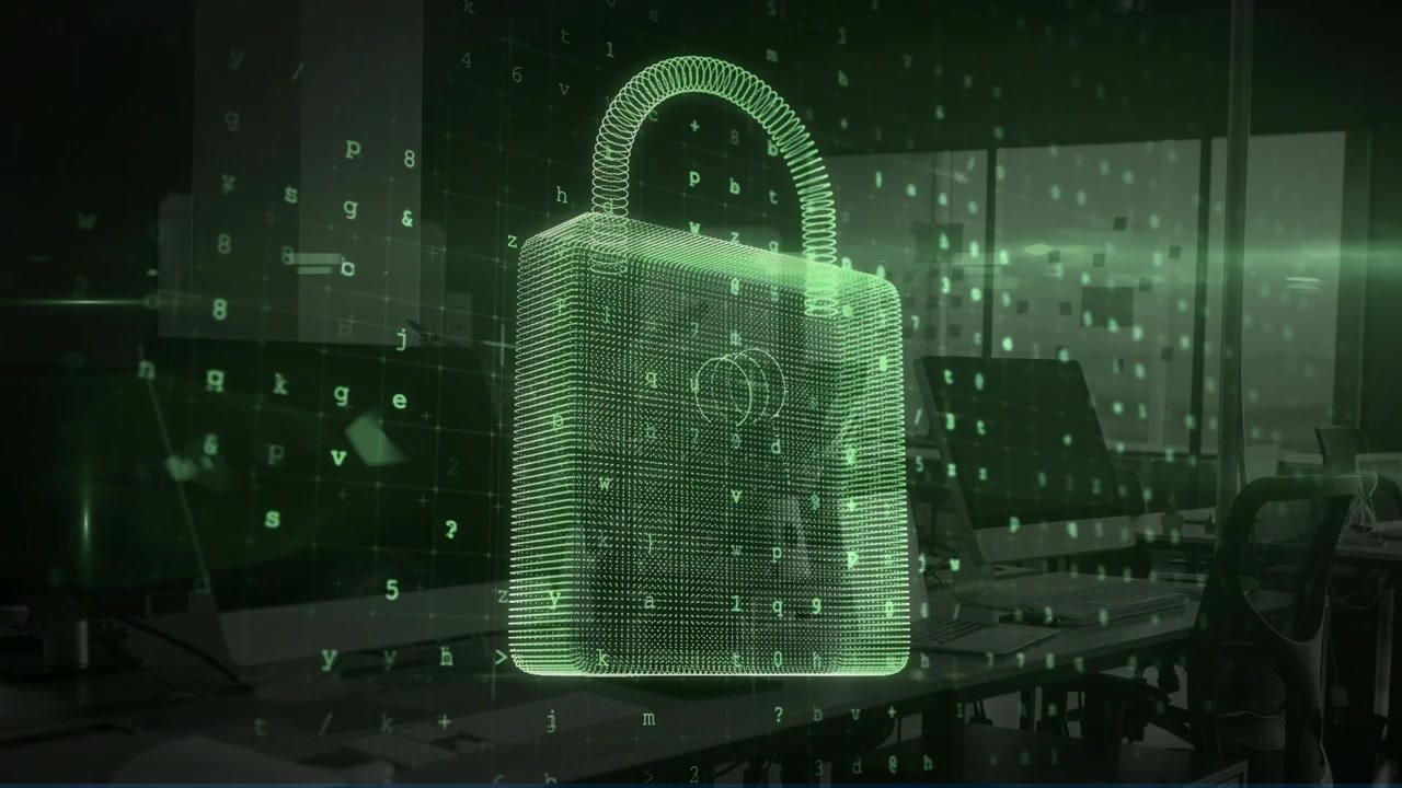 Animation of digital padlock and numbers over computers in office